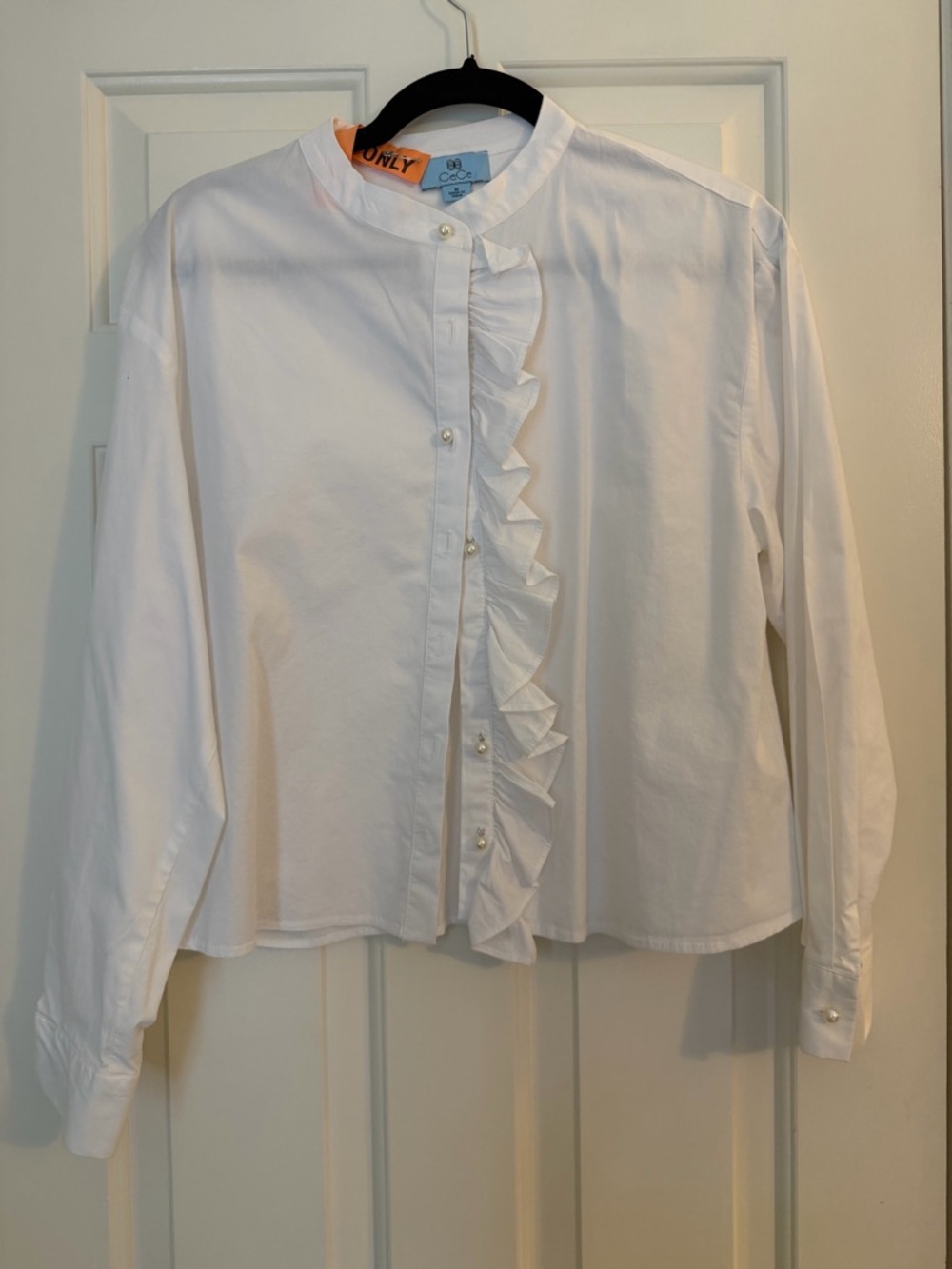 CeCe White Ruffle-Front Button Down Blouse